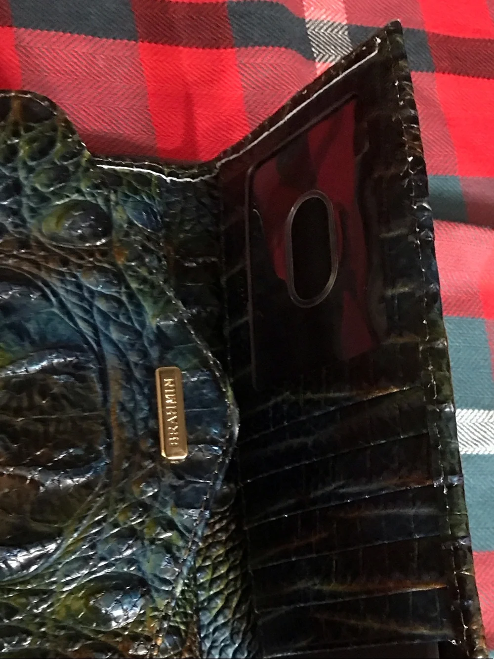 Brahmin Iridescent Green Blue Croc-Embossed Envelope Clutch